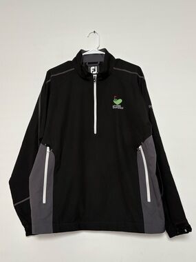 Footjoy Men’s Medium 1/4 Zip Black Gray Windbreaker Pullover Logo Pockets